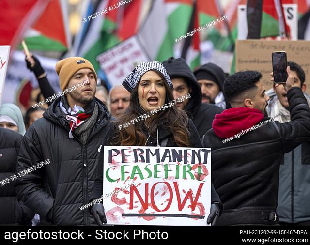02 December 2023, North Rhine-Westphalia, Duesseldorf: A demonstrator holds a sign reading ""Permanent Ceasefire Now"" at a pro-Palestine rally under the slogan...