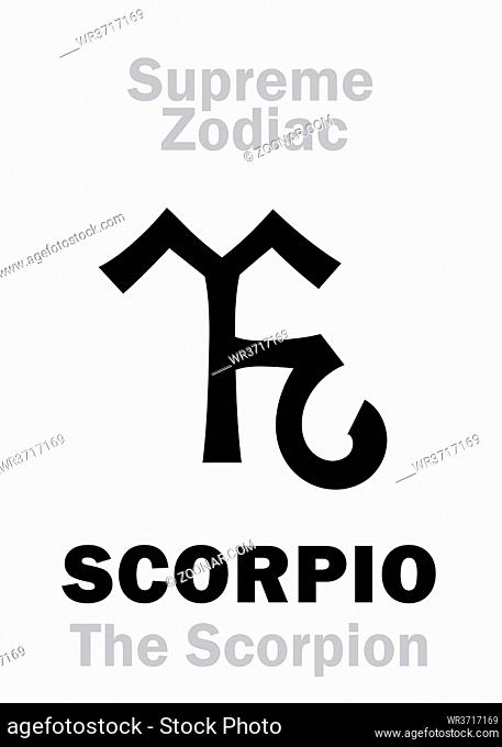 Astrology Alphabet: SCORPIO (The Scorpion), constellation Scorpius. Sign of Supreme Zodiac (Internal circle). Hieroglyphic character (persian symbol)