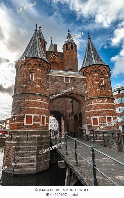 Bridge with Amsterdamse Poort city gate, Haarlem, North Holland, Netherlands
