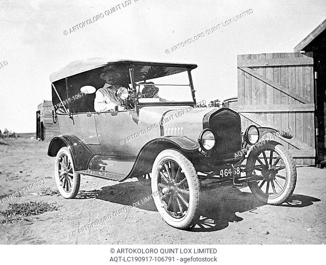 Negative - Alfred Cock at Wheel of Model T Ford, 'Glenview' Station, Tullamarine, Victoria, 1925, Alfred Cock at the wheel of his first car on 'Glenview'...