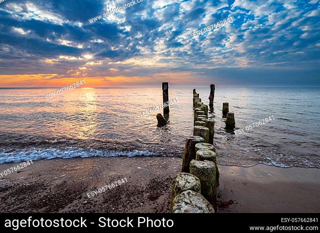 Groynes on shore of the Baltic Sea in Graal Mueritz, Germany