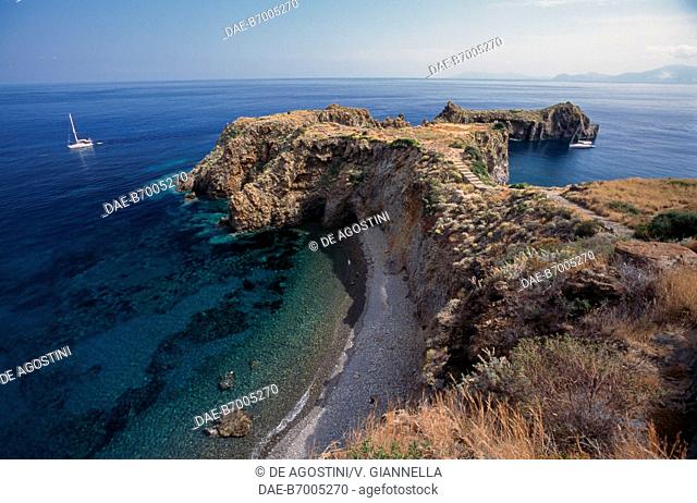 View of Cala Junco from Punta Milazzese, Panarea Island, Aeolian Islands (UNESCO World Heritage List, 2000), Sicily, Italy