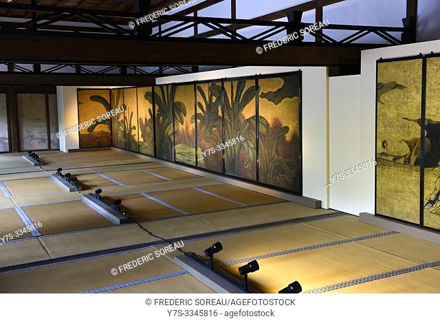 The head priest's former residence features some paintings on the sliding doors at Ryoanji temple in Kyoto, Japan, Asia