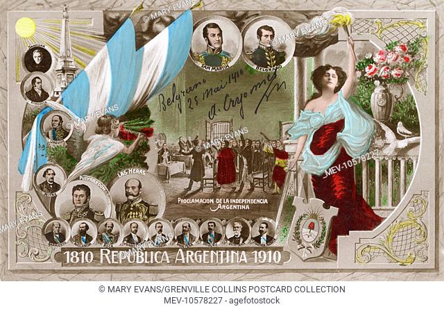 The Proclamation of Argentinian Independence in 1810. Postcard dating from the centenary of the revolution in 1910