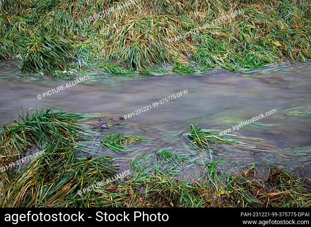 21 December 2023, Lower Saxony, Osnabrück: View of the new course of a stream in a meadow. The German Weather Service is expecting storms