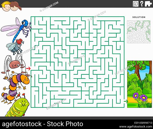 Cartoon illustration of educational maze puzzle game for children with insects characters and meadow