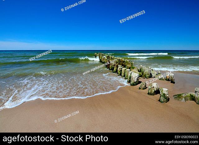 Old wooden breakwater on the sandy shore of the Baltic sea on a Sunny summer day