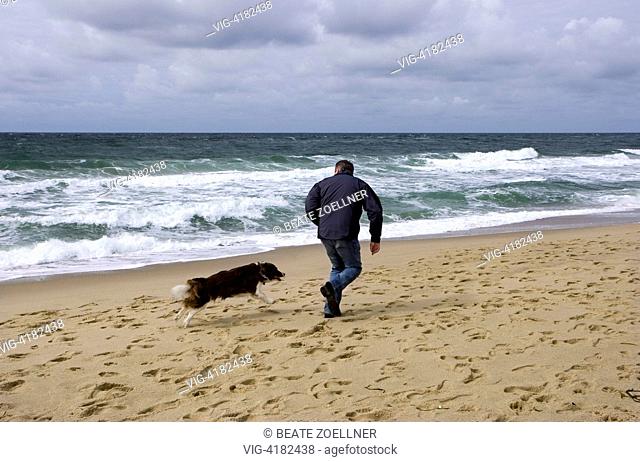 Man running with his dog on beach - Sylt, Schleswig-Holstein, Germany, 28/08/2008
