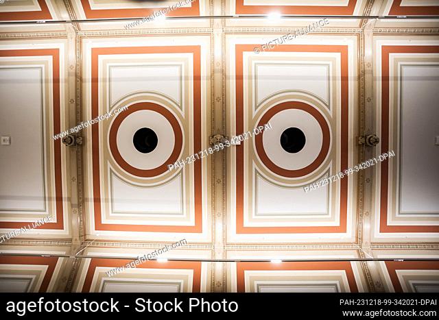 18 December 2023, Berlin: The ceiling of the ballroom in the Eierhäuschen at Spreepark can be seen during a pre-opening tour for media representatives