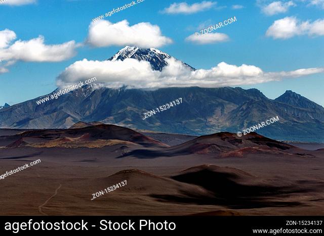 Kamchatka Peninsula, Russian Far East: beautiful summer volcanic landscape - view of stratovolcano Bolshaya Udina Volcano in Klyuchevskaya Group of Volcanoes