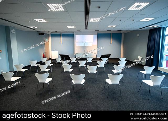05 November 2020, Brandenburg, Schönefeld: Chairs are located in a conference room in the government terminal on the grounds of Berlin Brandenburg Airport (BER)
