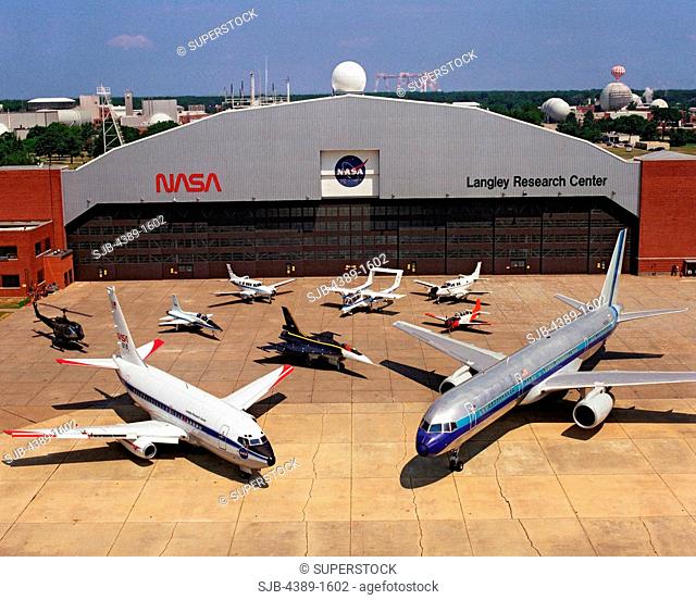 Aircraft in front of a hangar at NASA's Langley Research Center