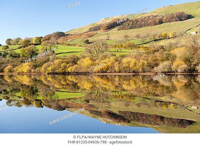 View of lake with reflections, Semerwater, Wensleydale, Yorkshire Dales N.P., North Yorkshire, England, November