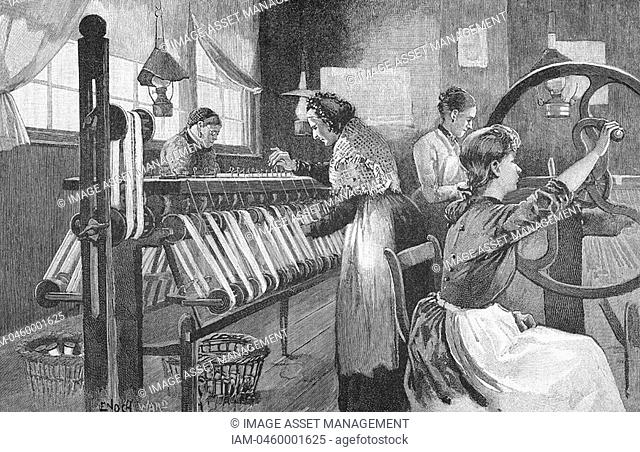 Spitalfields silk workers winding and reeling silk , London, England, late 19th century  This enclave of the silk industry was founded by Huguenot refugees from...