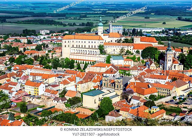 Aerial view from Foly Hill on Mikulov town with Mikulov Castle, Dietrichstein tomb and Saint Wenceslas Church, Czech Republic
