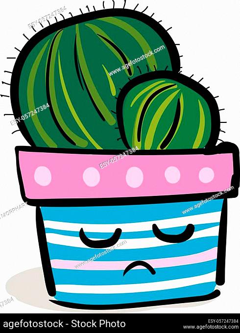 Cactus in sad face flower pot vector or color illustration
