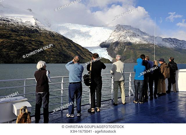 on the upper deck of the cruise ship Stella Australis of the Cruceros Australis compagny, Avenue of Glaciers, Beagle Channel, Tierra del Fuego, Chile