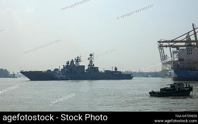 BANGLADESH, CHITTAGONG - NOVEMBER 12, 2023: The Russian destroyer Admiral Tributs of the Russian Navy's Pacific Fleet arrives at the city port