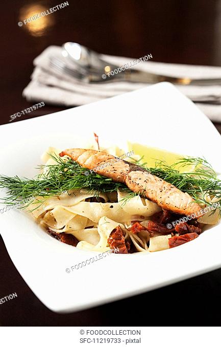 Ribbon pasta with salmon and sundried tomatoes