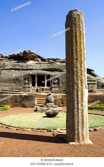 Huge rock pillar in front of Ravan Pahadi cave temple at Aihole in Bagalkot District, Karnataka, India, Asia