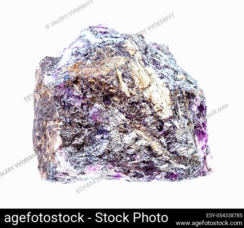 closeup of sample of natural mineral from geological collection - rough Stibnite (Antimonite) ore with Amethyst quartz isolated on white background