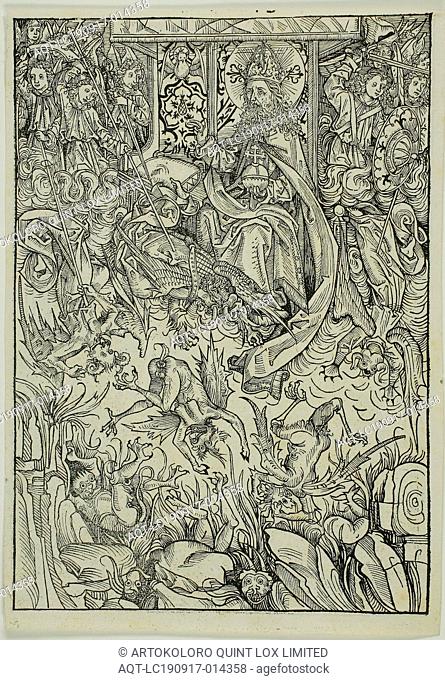 The Fall of Lucifer and the Rebel Angels (verso), The Gathering of the Angels (recto), pages three and two from the Treasury (Schatzbehalter), 1491