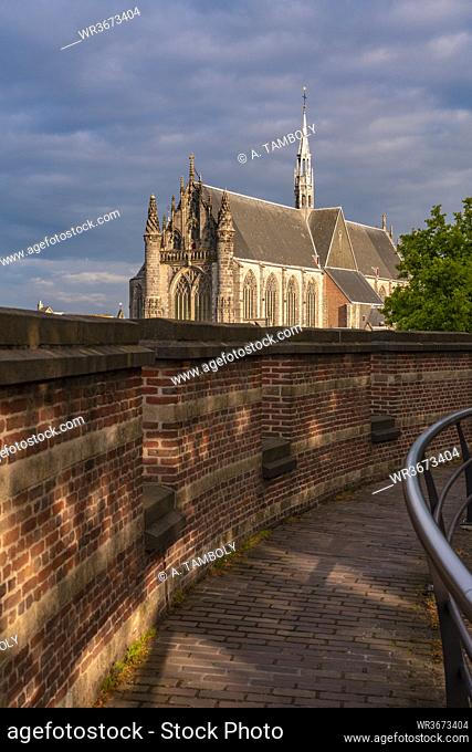 Netherlands, South Holland, Leiden, Hooglandse Kerk cathedral seen from Burcht van Leiden castle