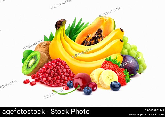 Heap of fresh exotic fruits and berries isolated on white background with clipping path, different tropical fruits collection