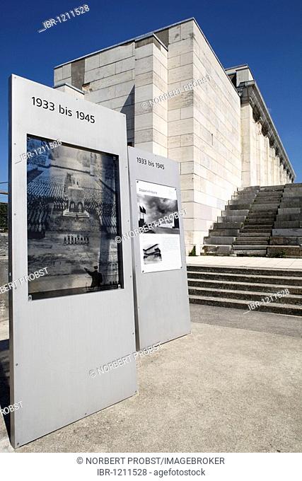 Information board for Adolf Hitler's tribune in front of the Zeppelinfeld field, Reichsparteitagsgelaende Nazi party rally grounds, the Third Reich, Nuremberg