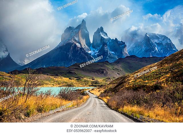 The concept of eco-tourism. Rocks Los Cuernos. Patagonia, Torres del Paine National Park - Biosphere Reserve