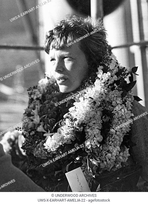 Honolulu, Hawaii: December 27, 1934 A closeup of the country's most outstanding woman flyer, Amelia Earhart Putnam as she arrives on her first visit to the...