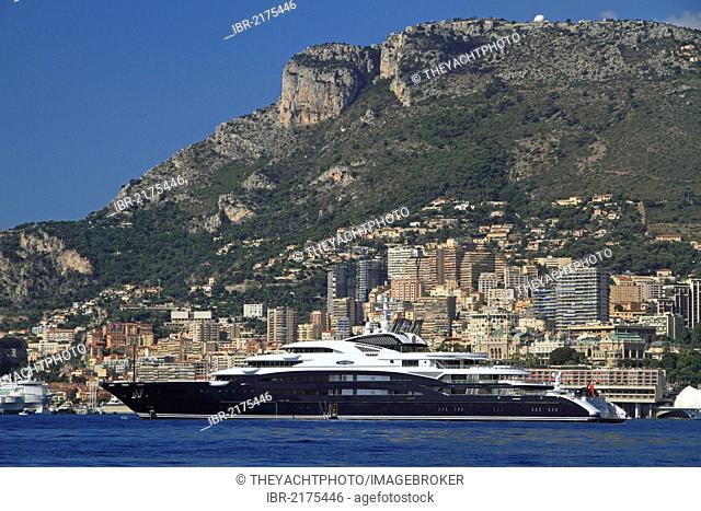 Motoryacht Serene, 133.9m, built in 2011 by yacht builder Fincantieri Yachts and owned by Yuri Scheffler, off Monaco, Côte d'Azur, Mediterranean, Europe