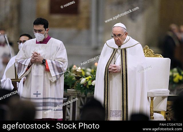Pope Francis presides over an evening prayer service at the Basilica of St. Paul Outside the Walls in Rome Jan. 25, 2022