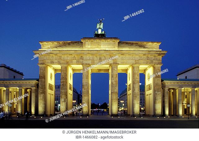 Brandenburg Gate at night, back side, view from west, facing east, Berlin, Germany, Europe