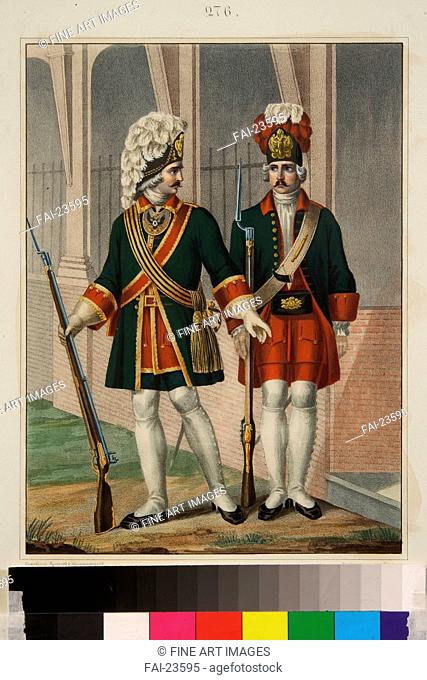 Grenadiers of the Preobrazhensky Regiment in 1732-1738. Chorikov, Boris Artemyevich (1802-1866). Lithograph, watercolour. Classicism. Early 1840s