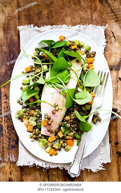 Lentil salad with smoked trout and purslane