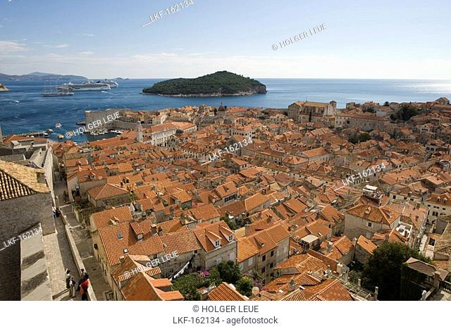 City wall and old town buidings and rooftops seen from Minceta Tower, Dubrovnik, Dubrovnik-Neretva, Croatia
