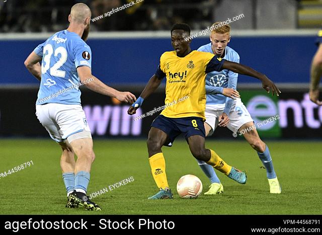 Union's Lazare Amani and Malmo's Hugo Larsson fight for the ball during a soccer game between Belgian Royale Union Saint-Gilloise and Swedish Malmo...