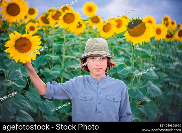 Portrait of a boy in a field with sunflowers