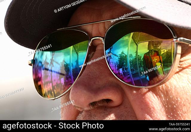 RUSSIA, MOSCOW - JUNE 11, 2023: A man wearing sun glasses is seen in Tverskoi Boulevad, during Times & Epochs, an annual international historical reconstruction...