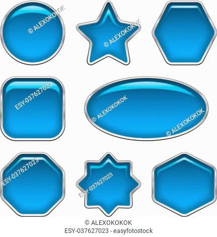 Set of glass blue buttons, computer icons of different forms for web design, isolated on white background. Vector eps10, contains transparencies