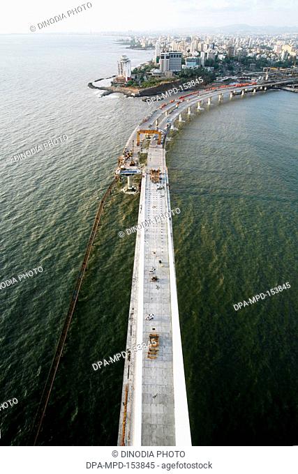View of under construction Bandra Worli sea link is 8 lane twin carriageway cable stayed bridge ; Bombay Mumbai ; Maharashtra ; India