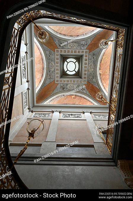 16 May 2023, Brandenburg, Potsdam: A staircase in the Marble Palace. The Marble Palace exhibits the dinner service of Prussian King Frederick William II...