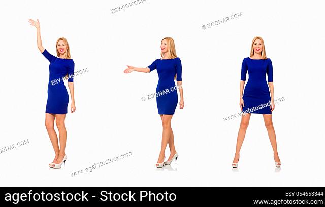The pretty caucasian girl in blue dress isolated on white