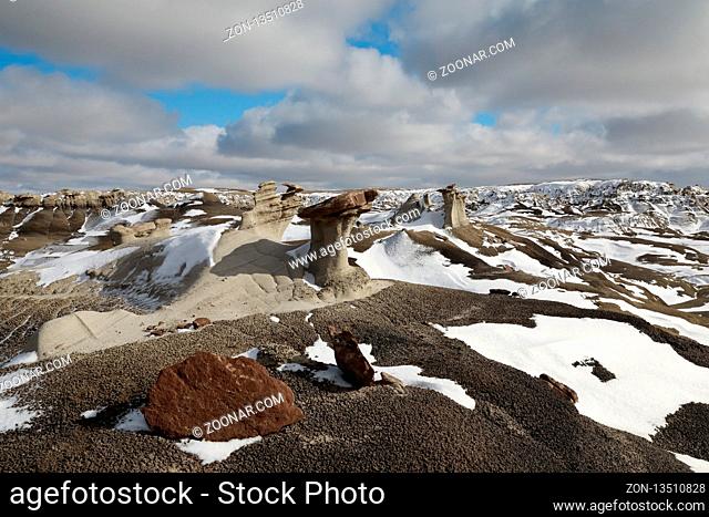 Bisti Badlands Wilderness Area in winter with snow, New Mexico, USA