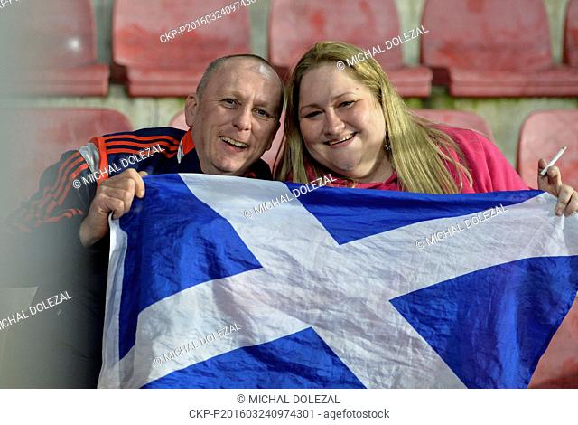 Scottish fans pose during the friendly soccer match Czech Republic vs Scotland in Prague, Czech Republic, Thursday, March 24, 2016