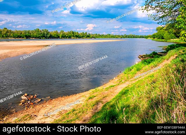 Panoramic view of Vistula river waters with sandy islands and shores of Lawice Kielpinskie natural reserve near Lomianki town north of Warsaw in central Mazovia...