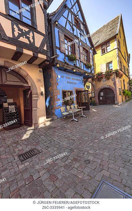 old colorful timbered house in the village Riquewihr, Alsace, France, house of the cork