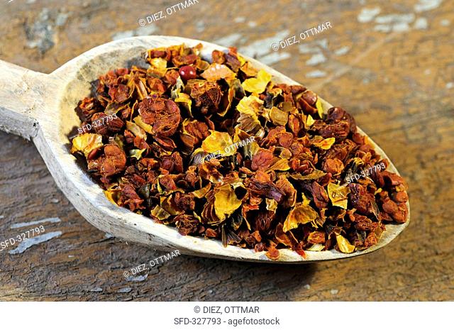 Dried gardenia fruits on a wooden spoon