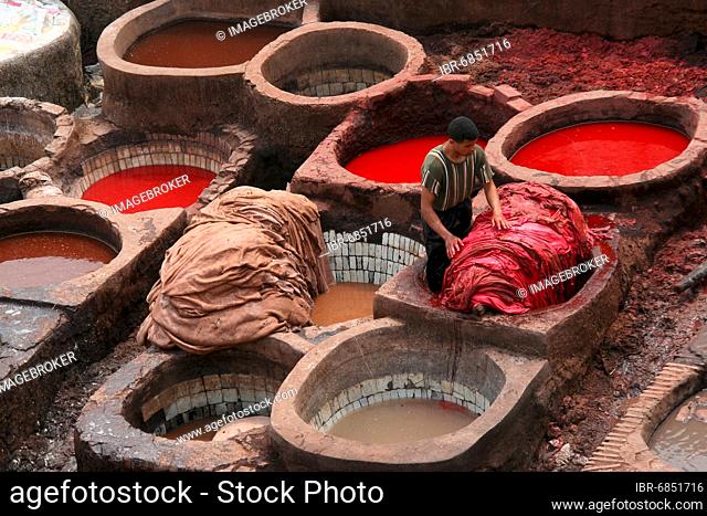 Workers in a traditional leather tanning and dyeing factory in the old town of Fez (Morocco)